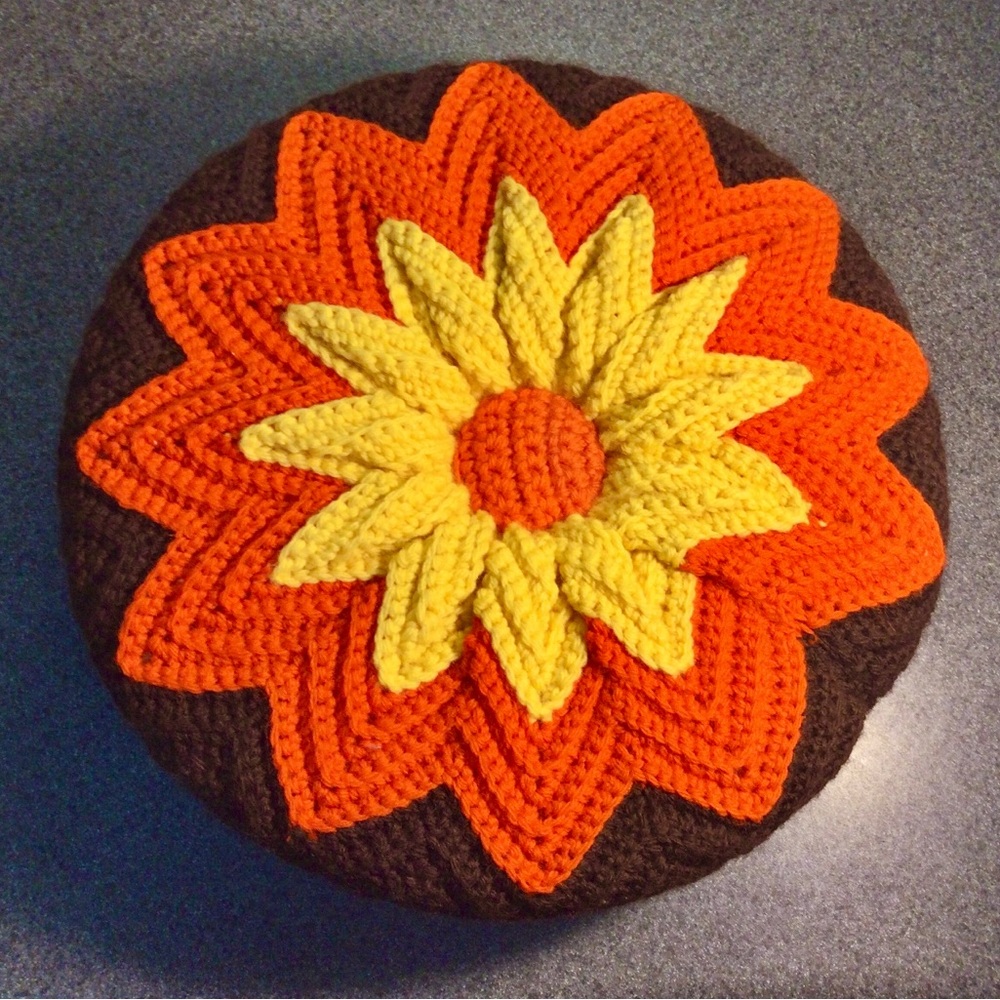 Crochet Vtg Round Granny Throw Pillow Orange Yellow Brown Yarn Ruffled Handmade